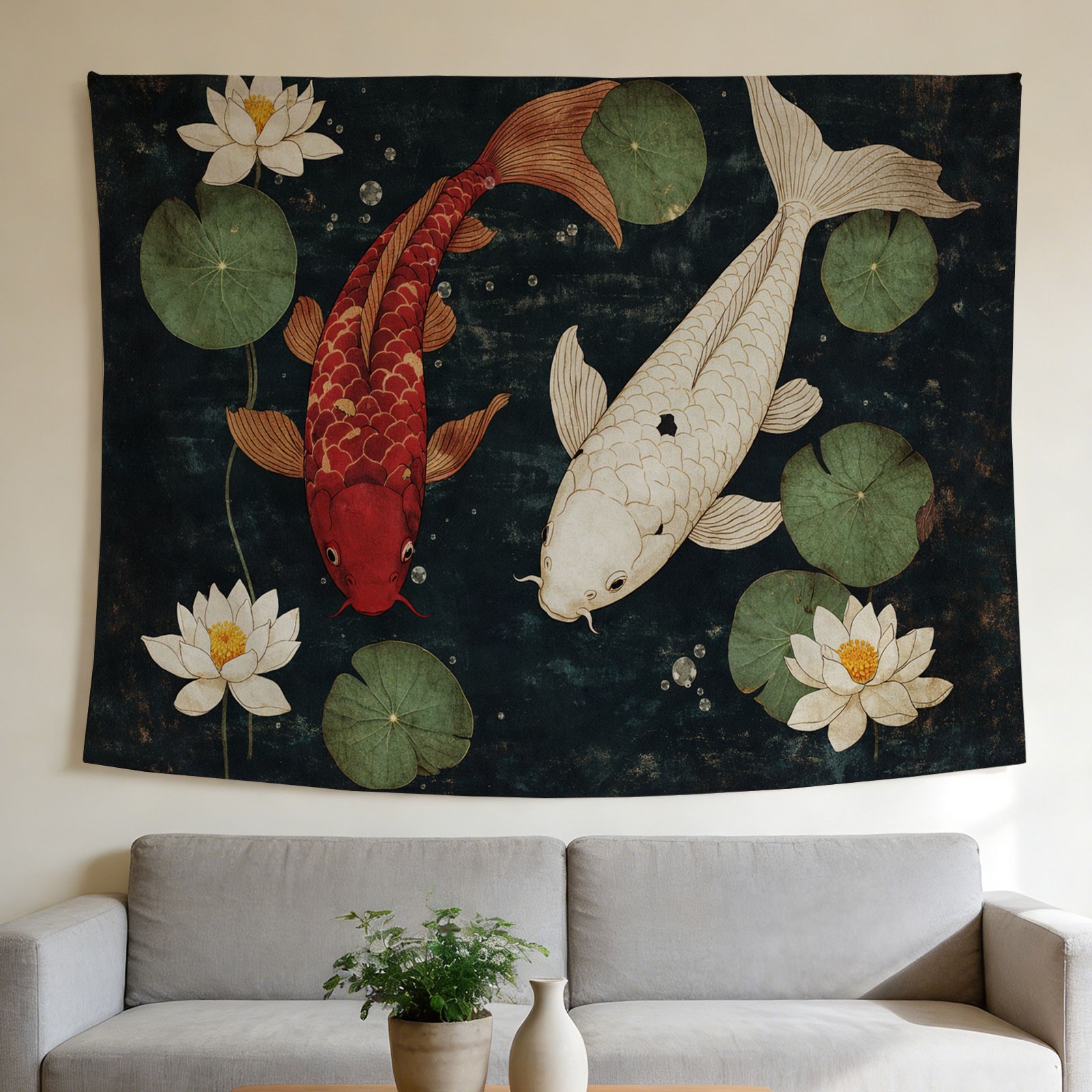 Home Decor Japandi Style - Luksusowa gobelina z rybami Koi i